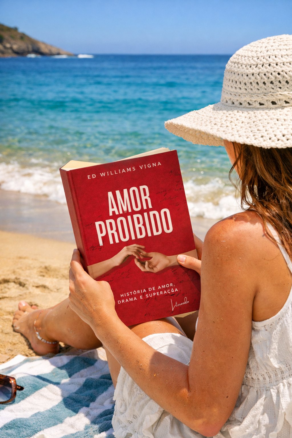 Leitora à beira-mar com Amor Proibido